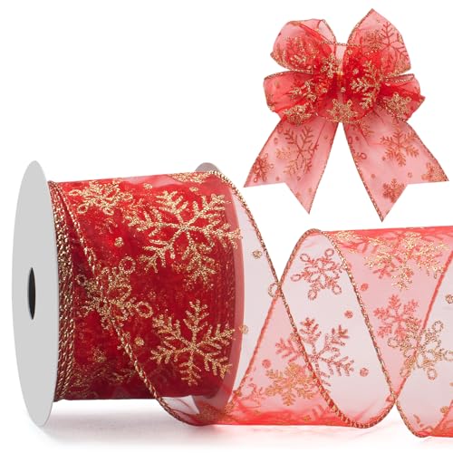 Schneeflocken-Glitzer-Drahtband für Weihnachtsbaum, Geschenkverpackung, 6,3 cm x 20 m, rotes transparentes Organzaband mit goldenem Glitzer-Schneeflockenmuster zum Basteln, Schleifen, Blumen, von Coowayze