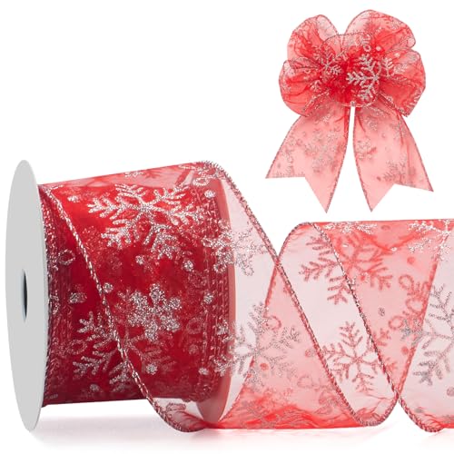 Schneeflocken-Glitzerband für Weihnachtsbaum, Geschenkverpackung, 6,3 cm x 20 m, rotes transparentes Organzaband mit silbernem Glitzer-Schneeflockenmuster zum Basteln, Schleifen, Blumen, Girlanden von Coowayze