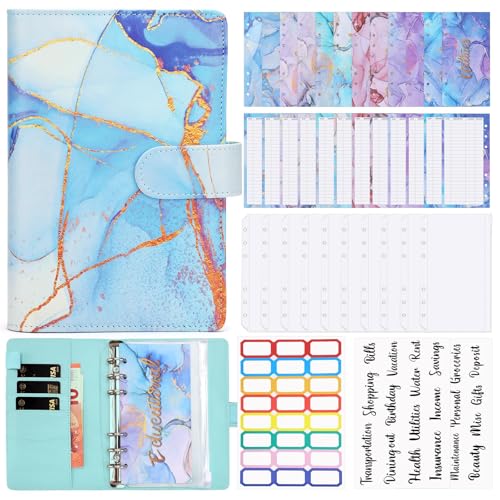 Cooyou Binder Budget Notizbuch A6, 30Pcs6 Löcher Budget Binder mit Binder Taschen Budgetblätter, Etikettenaufklebern, Weiches Lineal Ringbuchordner Blau. von Cooyou