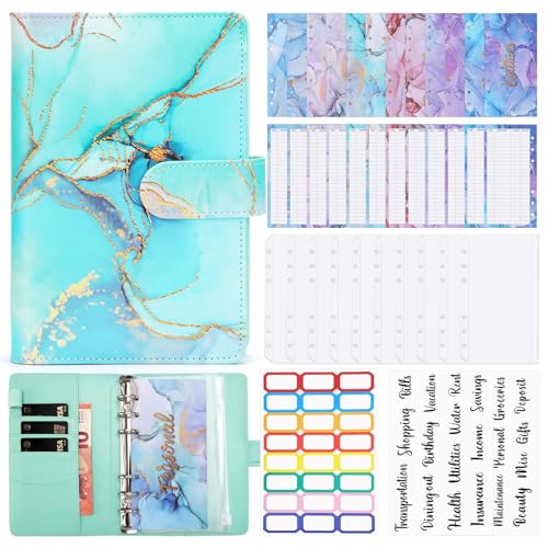 Cooyou Binder Budget Notizbuch A6, 30Pcs6 Löcher Budget Binder mit Binder Taschen Budgetblätter, Etikettenaufklebern, Weiches Lineal Ringbuchordner grüner von Cooyou