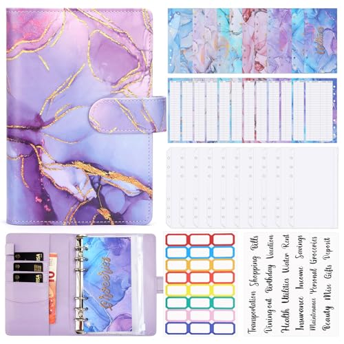 Cooyou Binder Budget Notizbuch A6, 30Pcs6 Löcher Budget Binder mit Binder Taschen Budgetblätter, Etikettenaufklebern, Weiches Lineal Ringbuchordner violett von Cooyou