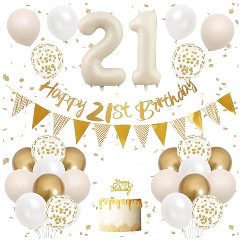 21. Geburtstag Dekorationen für Sie 21. Geburtstag Banner Sand Weiß Gold Geburtstag Luftballons 21. Geburtstag Luftballons Kuchen Topper Konfetti Latex Ballons für Sie 21. Geburtstag Party von Copbopwn