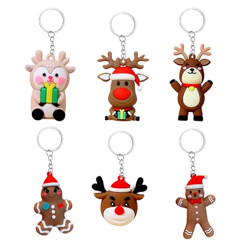 6 Stück Weihnachten Schlüsselanhänger PVC Cartoon Elch Lebkuchen Mann Weihnachten Schlüsselanhänger Niedlicher Schlüsselanhänger Charm Anhänger für Geldbeutel Autoschlüssel hängende Dekoration von Copbopwn