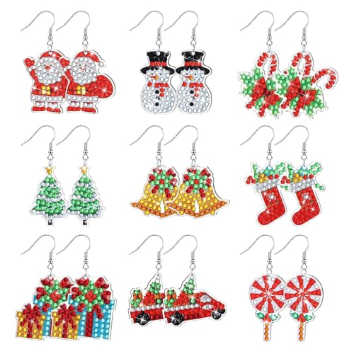 Copbopwn 9 Paare Weihnachten Diamant Malerei Ohrringe Making Kit 5d DIY Baumeln Tropfen Diamant Kunst Ohrringe Ornament Weihnachtsbaum Santa Schneemann Schmuck Machen für Frauen Mädchen Werkzeugsatz von Copbopwn