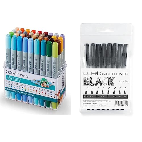 COPIC Ciao Marker 36er Manga Starter Set, alkoholbasierte Allround Layoutmarker & Multiliner Set schwarz, 8 Stifte in 8 verschiedenen Strichstärken mit wasserfester Pigmenttinte von Copic