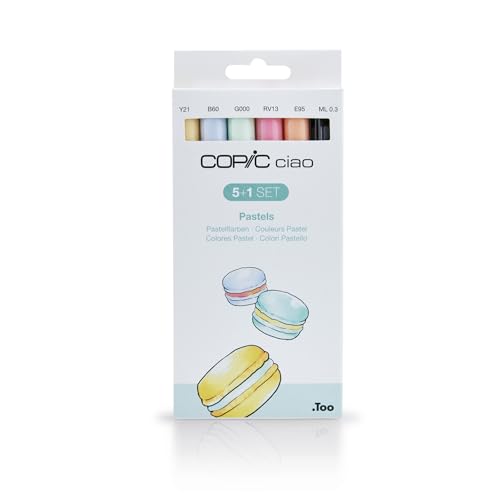 COPIC Ciao Marker 5+1 Set "Pastellfarben", 5 Allround-Layoutmarker mit einer mittelbreiten und einer Brush-Spitze, inkl. 1 Multiliner 0,3 mm von Copic