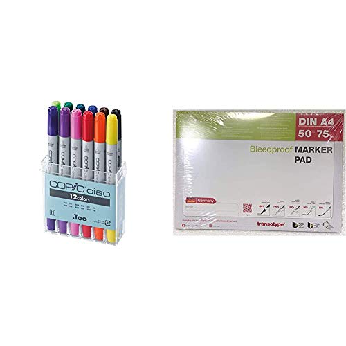 COPIC Ciao Marker Basis Set mit 12 Farben, Allround Layoutmarker, alkoholbasiert, im praktischen Acryl-Display zur Aufbewahrung und einfachen Entnahme & Markerblock DIN A4, 75 g/qm, 50 Blatt, 1 Stück von Copic