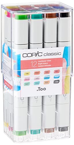 COPIC Classic Set "Leuchtende Farben", 12er Set im Acryl-Display, Twin Marker mit einer mittelbreiten und einer feinen Spitze von Copic