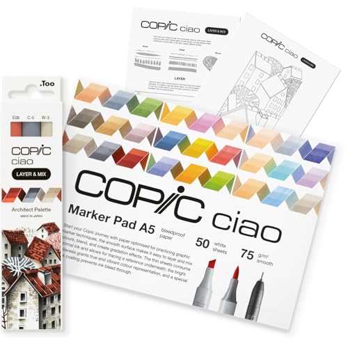 Copic Ciao LAYER & MIX Starter Set Architect, Marker Set mit 3 verschiedenen Farben, Markerpapier und Zeichenvorlage zum abpausen, inkl. Kennenlern-Übungsblatt von Copic