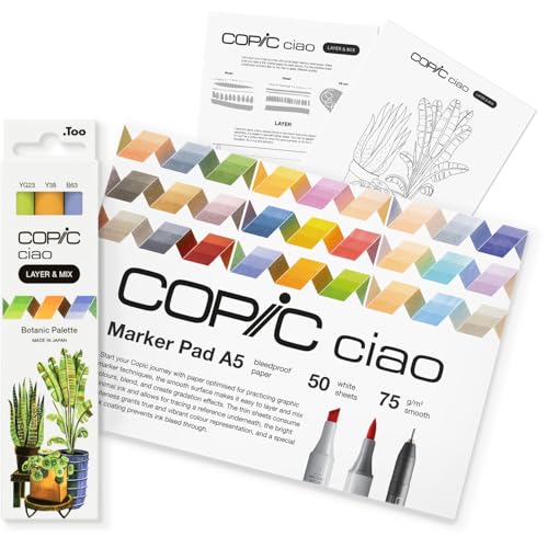 Copic Ciao LAYER & MIX Starter Set Botanic, Marker Set mit 3 verschiedenen Farben, Markerpapier und Zeichenvorlage zum abpausen, inkl. Kennenlern-Übungsblatt von Copic