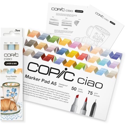 Copic Ciao LAYER & MIX Starter Set Cozy, Marker Set mit 3 verschiedenen Farben, Markerpapier und Zeichenvorlage zum abpausen, inkl. Kennenlern-Übungsblatt von Copic