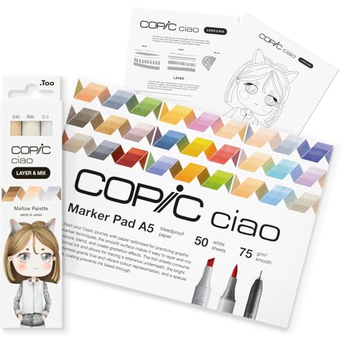 Copic Ciao LAYER & MIX Starter Set Mellow, Marker Set mit 3 verschiedenen Farben, Markerpapier und Zeichenvorlage zum abpausen, inkl. Kennenlern-Übungsblatt von Copic