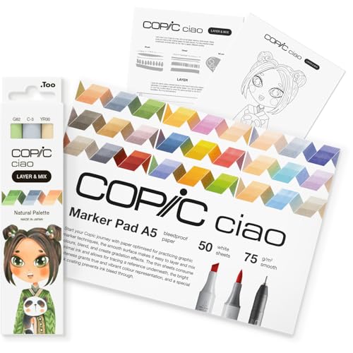 Copic Ciao LAYER & MIX Starter Set Natural, Marker Set mit 3 verschiedenen Farben, Markerpapier und Zeichenvorlage zum abpausen, inkl. Kennenlern-Übungsblatt von Copic