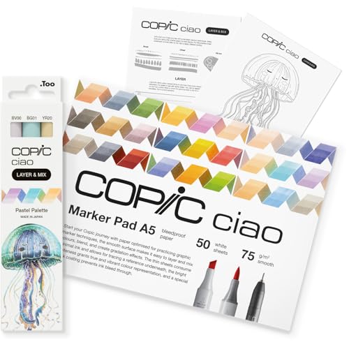 Copic Ciao LAYER & MIX Starter Set Pastel, Marker Set mit 3 verschiedenen Farben, Markerpapier und Zeichenvorlage zum abpausen, inkl. Kennenlern-Übungsblatt von Copic