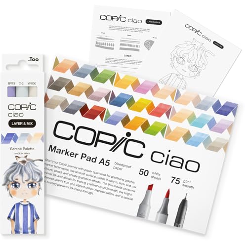 Copic Ciao LAYER & MIX Starter Set Serene, Marker Set mit 3 verschiedenen Farben, Markerpapier und Zeichenvorlage zum abpausen, inkl. Kennenlern-Übungsblatt von Copic