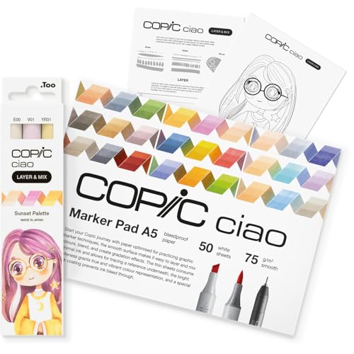 Copic Ciao LAYER & MIX Starter Set Sunset, Marker Set mit 3 verschiedenen Farben, Markerpapier und Zeichenvorlage zum abpausen, inkl. Kennenlern-Übungsblatt von Copic