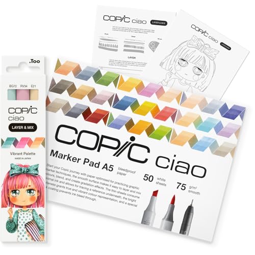 Copic Ciao LAYER & MIX Starter Set Vibrant, Marker Set mit 3 verschiedenen Farben, Markerpapier und Zeichenvorlage zum abpausen, inkl. Kennenlern-Übungsblatt von Copic