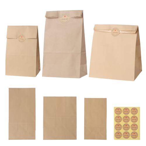 Coptiner 60 STK Geschenktüten Brown Papiertüten Kraft mit Aufkleber 90g/㎡thickened oilproof Film Süßigkeiten behandeln Gunst Taschen für Weihnachten Halloween Geburtstag Hochzeit 3 Größen von Coptiner