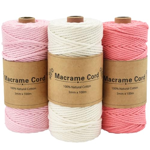 Coriver 3 Stück Makramee Garn, 3mm x 100m Macrame Cord, Makramee Schnur, Makrameegarn Kordel, Makramee Starter Set für DIY Handwerk Weben Dekoration Hängepflanze Pflanze Aufhänger (2. rosa) von Coriver