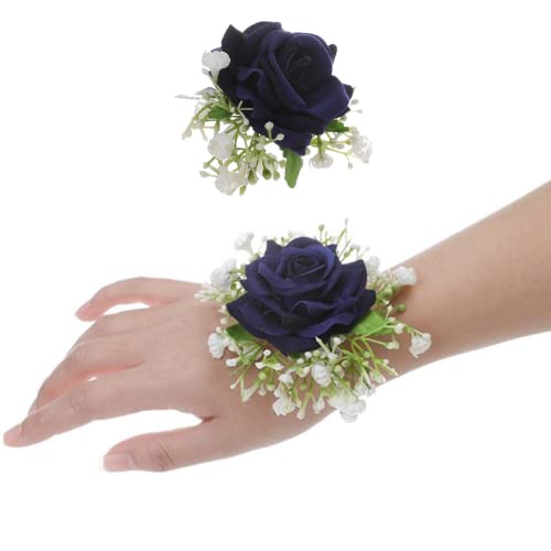 Corsage und Boutonniere Set, 2 Stück künstliche Rose Handgelenk Corsage Armband, für Hochzeit Braut Brautjungfer Handgelenk Corsage Ball Dekoration (Dunkelblau) von Corkwaw