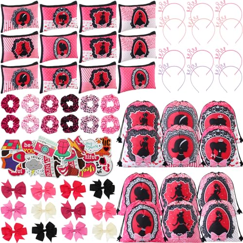 Cosblank 110 Stück rosa Prinzessinnen-Partygeschenke für Mädchen, inklusive 12 Rucksäcke mit Kordelzug, 12 Make-up-Taschen, 12 Kronen-Stirnbänder, 12 Haarschleifen, 12 Haargummis, 50 Aufkleber für von Cosblank