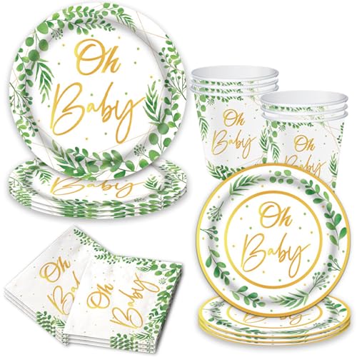 16 Stück Babyparty Geschirr Set, Baby Shower Partygeschirr Pappteller Babyparty Deko Partygeschirr Set Geschirr Pappteller Set für Babyshower Hochzeit Kindergeburtstag, Dschungel Party Deko von Cosiesnest