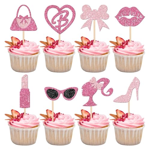 24 Stück Princess Cupcake Toppers High Heel Lippenstift Fliege Glitter Cupcake Toppers Tortendeko Mädchen Rosa Papier Kuchendeko für Prinzessin Thema Geburtstag Party Cake Decor von Cosiesnest