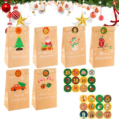 24 Stück Weihnachten Papiertüten mit Aufklebern Adventskalender zum Befüllen Weihnachten Party Geschenktüten DIY Adventskalender zum Basteln Kraft Tüten für Kinder Erwachsene (A) von Cosiesnest