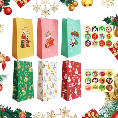 24 Stück Weihnachten Papiertüten mit Aufklebern Adventskalender zum Befüllen Weihnachten Party Geschenktüten DIY Adventskalender zum Basteln Kraft Tüten für Kinder Erwachsene (B) von Cosiesnest