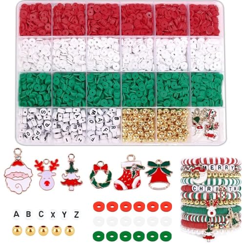 2946 Stück Weihnachten Perlen Armband Making Kit, Rot Grün Weißem Ton Spacer Perlen, Polymer-Ton Brief Perlen mit Weihnachten Charms Anhänger für Machen Schmuck DIY Handwerk Geschenke von Cosiesnest