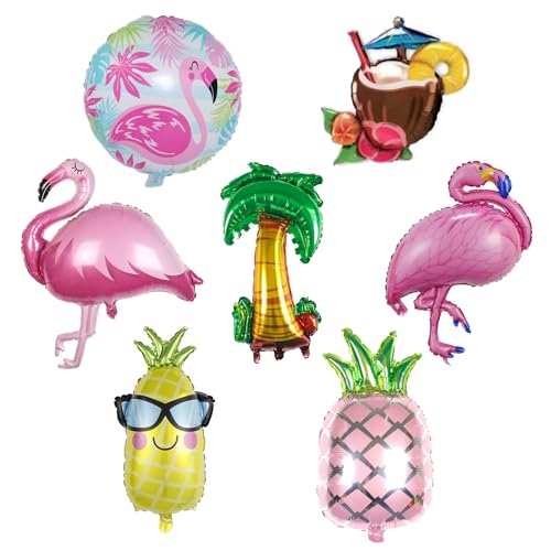 7 Stück Hawaii Folienballons, Tropische Hawaii Party Dekorationen Ballons, Flamingo Ananas Kokosnuss Baum Aluminium Ballons für Hawaiian Luau Aloha Sommer Strand Pool Party Dekorationen von Cosiesnest