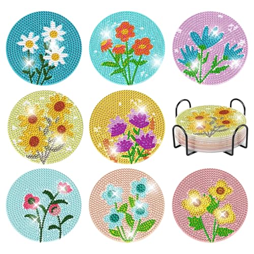 8 Stück Diamond Painting Untersetzer mit Halter Diamond Painting Erwachsene zum Basteln Blume Diamant Malerei Tasse Untersetzer Rund Diamant Tasse Untersetzer für Kinder Anfänger von Cosiesnest