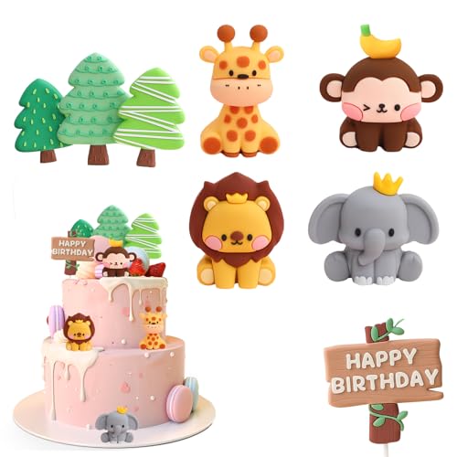 8 Stück Tortendeko Tiere Dschungel Tier Cake Toppers Tier Happy Birthday Kuchen Toppers Dekoration Giraffe Elefant Löwe Affe Waldtiere Kuchen Deko Cake Topper für Kinder Junge von Cosiesnest