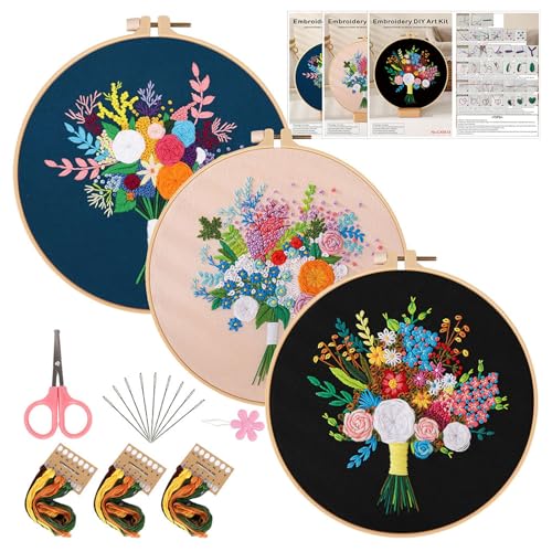 Cosiesnest 3 Stickset für Anfänger Sticken Set Erwachsene Kreuzstich Set Vorgedruckt Handmade Embroidery Starter Kit Set with Partten Blumen Embroidery Kit Craft Kits für Erwachsene von Cosiesnest