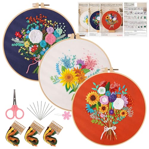 Cosiesnest 3 Stickset für Anfänger Sticken Set Erwachsene Kreuzstich Set Vorgedruckt Handmade Embroidery Starter Kit Set with Partten Blumen Embroidery Kit Craft Kits für Erwachsene von Cosiesnest