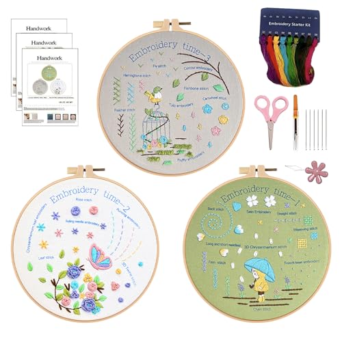 Cosiesnest Stickset, 3 Sets für Anfänger, Kreuzstich-Set mit Muster und Anleitung (evtl. nicht in deutscher Sprache), gestempelte Stickerei-Starter-Kits, einschließlich Tuch mit Mustern, Fäden, von Cosiesnest