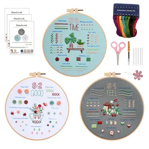 Cosiesnest Stickset, 3 Sets von Anfänger-Kreuzstich-Set mit Muster und Anleitung (evtl. nicht in deutscher Sprache), gestempelte Stickerei-Starter-Kits, einschließlich Tuch mit Mustern, Fäden, Nadeln, von Cosiesnest