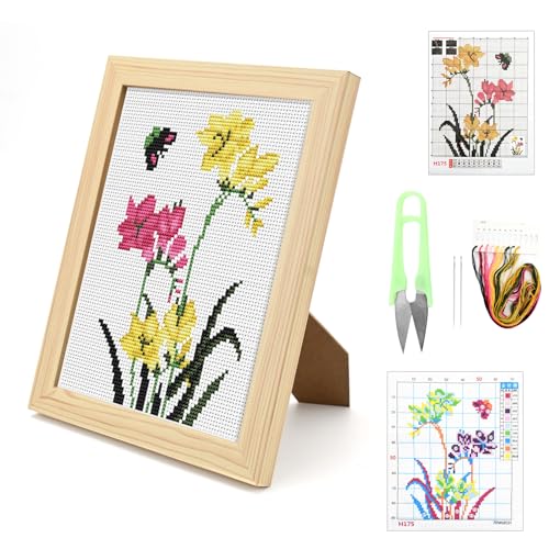 DIY Stickgarnituren Kreuzstich Set Easy Cross Stitch Kits Blume Blatt Schmetterling Gestempelt Cross Stitch Kit mit Holzrahme Kreuzstich Stickerei Bastelset für Erwachsene von Cosiesnest