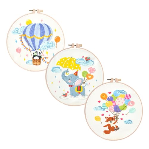 Stickerei Set für Anfänger Sticken set erwachsene Bunte Tiere 3 Sets Stickerei Anfänger Kit Cartoon Embroidery Kit Enthalten Stickerei Stoff, Stickerei Hoops, Fäden, Nadeln und Anleitung (Stil A) von Cosiesnest