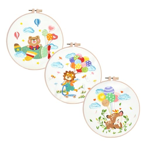 Stickerei Set für Anfänger Sticken set erwachsene Bunte Tiere 3 Sets Stickerei Anfänger Kit Cartoon Embroidery Kit Enthalten Stickerei Stoff, Stickerei Hoops, Fäden, Nadeln und Anleitung (Stil B) von Cosiesnest