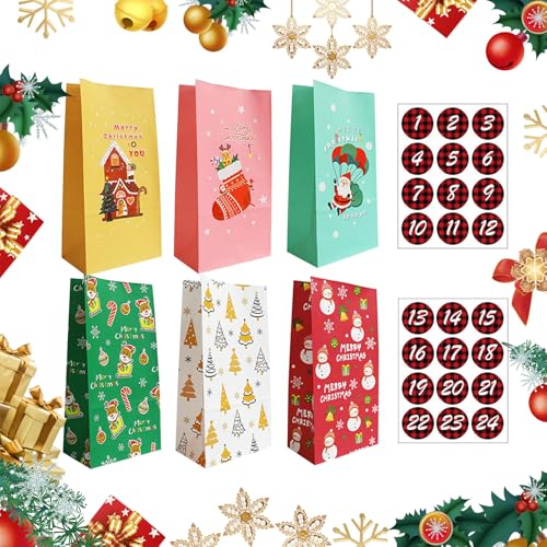 Weihnachten Adventskalender Papiertüten, 24 Tage Countdown Kalender Kraft Goody Geschenk behandeln Taschen mit Siegel Zahlen Aufkleber für DIY füllbar Xmas Party Favors Dekorationen von Cosiesnest