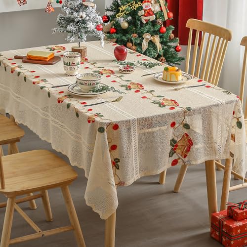 Weihnachten Tischdecken, 140 * 200cm Weihnachten Tischdecken Rechteckig Waschbar Glocken Stickerei Spitze Xmas Tischdecke für Weihnachten Neujahr Home Holiday Dining Party Tischdekoration von Cosiesnest