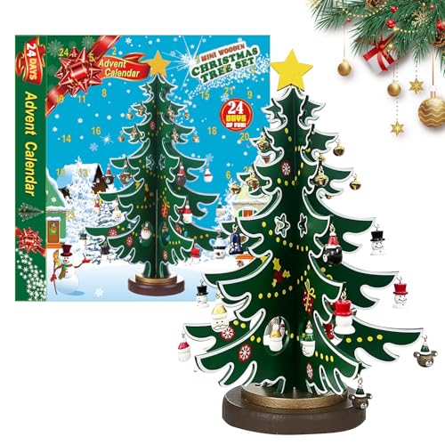 Weihnachts Adventskalender, Holz Weihnachtsbaum Set, 24 Tage Countdown Kalender mit 24PCS Miniatur-Weihnachtsornamenten für Mädchen Jungen DIY Geschenke Weihnachtsbaum Tischdekoration von Cosiesnest