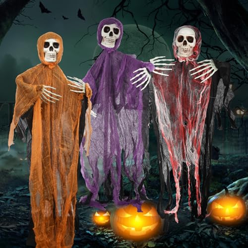 Halloween Deko, 3 Pack / 65cm Halloween Hängende Skelett Gespenst, Hooded Robe Gauze Skeleton, Outdoor Hängende Skelett Gespenst Dekorationen Für Indoor Outdoor Halloween Deko Garten von Cosmeti