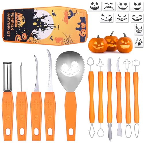 Halloween Kürbis Carving Tools, Edelstahl Double-Side Sculpting Tool dauerhafte Griff, 11 Stück Kürbis Carving Kit mit Tragetasche und 10 Pcs Carving Templates, Box-verpackt, All-in-One- Orange von Cosmeti