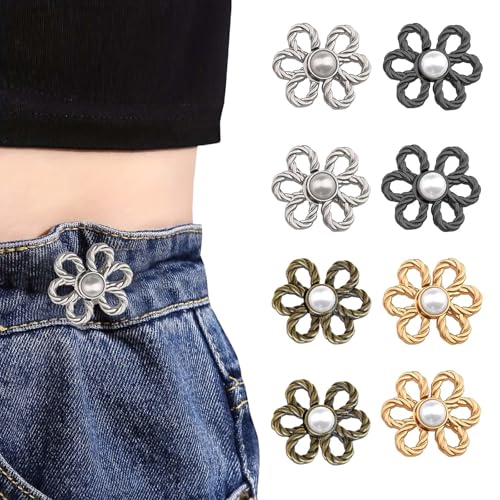 8 Paare Jeans Knopf,Knöpfe Hosen Enger Machen,Hosenknöpfe zum Stecken Hose Enger Machen Clip Blumen Perlen Einsteller Hosenknöpfe Hosen Knopf Spanner Fastener Kleidung Verstellbare Taille Schnallen von Cosswe