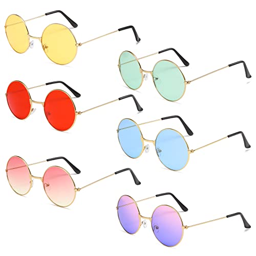 Hippie Retro Sonnenbrille,6 Stück Rund Sonnenbrille Farben Runde Hippie Brille Vintage Runde Hippie Sonnenbrille Partybrille für 60er 70er Jahre Karneval Tanz Party Hochzeit Club von Cosswe