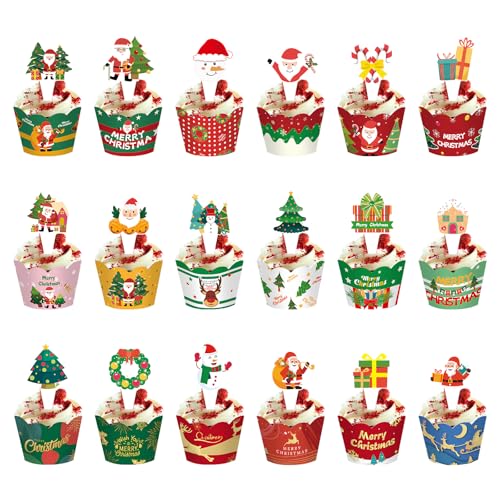 Weihnachten Cupcake Topper und Wrapper,36 Stück Schneemann Weihnachtsmann Weihnachtsbaum Weihnachtskranz Cupcake Deko Weihnachten Tortendekoration Kuchendekoration für Weihnachten Party von Cosswe