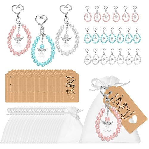 CosyCaya 24 PCS Schutzengel Schlüsselanhänger Schutzengel Anhänger, mit Perlenkette, mit Organza Tasche Kraftpapier als Gastgeschenkfür Kommunion Gastgeschenke Konfirmation Taufe Geschenk Abschied von CosyCaya