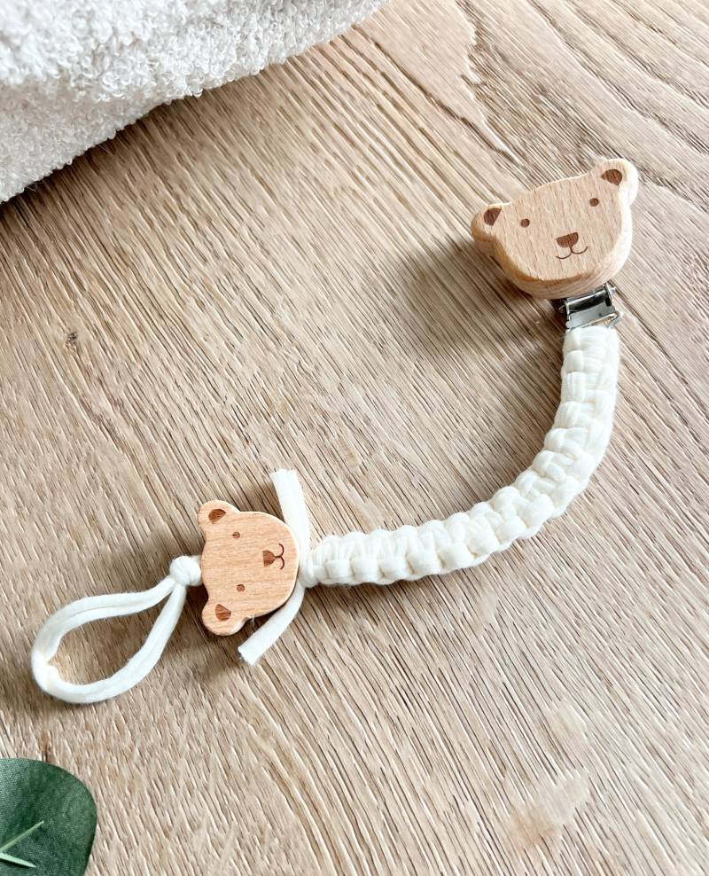 Schnullerkette, Holz Bär, Creme Weiß, Jersey Baumwolle Stoff, Baby Geschenk Zur Geburt, Tier Bären Anhänger, Neugeborenes, Babygeschenk von CosyHavenDE